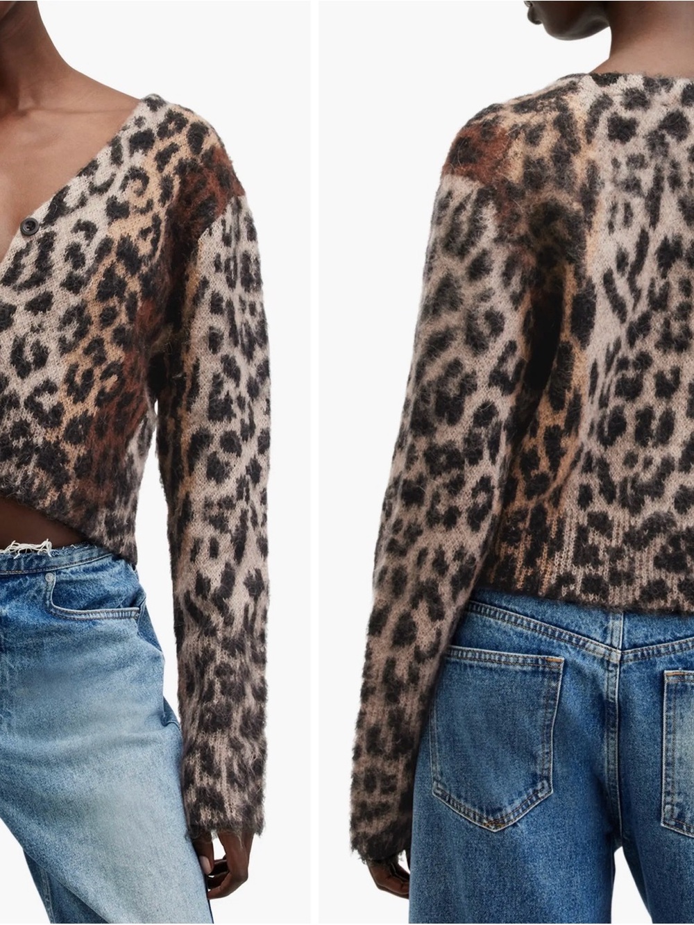 AllSaints Leopard Print Fuzzy Cropped Cardigan - Brown & Cream